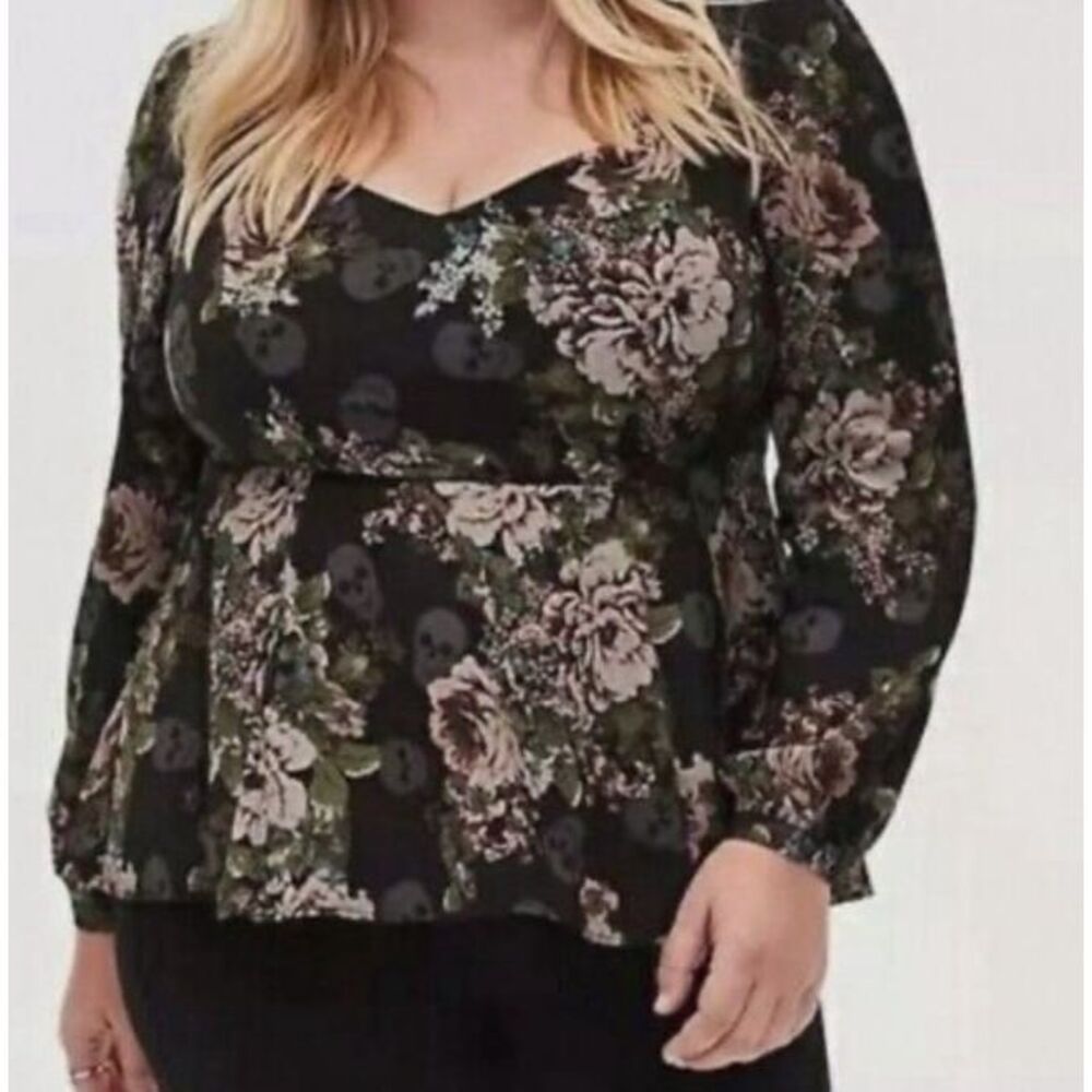 Torrid Floral Skulls Sweetheart Peplum Blouse Black Size‎ 4 4X